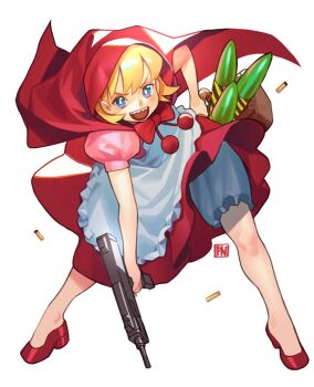Rule 34 | 1girl, :d, ammunition, apron, b.b. hood, basket, blonde hair, bloomers, blue eyes, bow, bowtie, bullet, capelet, cloak, darkstalkers, dress, frilled apron, frills, full body, gun, high heels, highres, holding, holding basket, holding gun, holding weapon, hood, hood up, hooded cloak, looking at viewer, machine gun, missile, open mouth, picnic basket, poch4n, puffy short sleeves, puffy sleeves, red bow, red dress, red hood, red shoes, red skirt, sharp teeth, shell casing, shoes, short hair, short sleeves, simple background, skirt, smile, solo, standing, submachine gun, teeth, underwear, weapon, white apron, white background, white bloomers