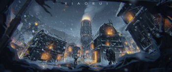 absurdres aircraft artist_name beacon building commentary english_commentary frostpunk furnace grey_sky highres hot_air_balloon industrial_pipe mecha non-humanoid_robot outdoors robot scenery sky smoke smoke_trail snow_on_roof snowing standing tower walker_(robot) window xiaorui-rui