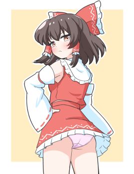 1girl :< ass border brown_eyes brown_hair commentary_request cowboy_shot detached_sleeves frilled_shirt_collar frilled_skirt frills from_behind hakurei_reimu hand_on_own_hip highres light_blush light_frown looking_at_viewer looking_back miniskirt outline panties pantyshot pink_panties red_shirt red_skirt ribbon-trimmed_sleeves ribbon_trim shirt short_hair sidelocks simple_background skirt sleeveless sleeveless_shirt solo touhou underwear v-shaped_eyebrows white_border white_outline white_sleeves yellow_background zenji029