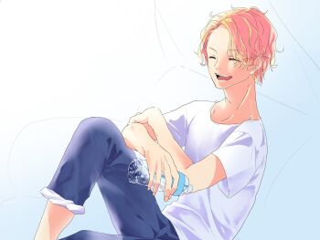 Rule 34 | 1boy, ^ ^, blonde hair, blue pants, bottle, closed eyes, commentary request, highres, holding, holding bottle, male focus, nanana43a, one piece, open mouth, pants, sabo (one piece), shirt, short hair, smile, solo, t-shirt, white shirt