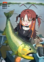 Rule 34 | 1girl, absurdres, animal, antenna hair, black choker, black shirt, blush, brown hair, choker, commentary, commission, cross, cross earrings, cross necklace, day, earrings, english commentary, fang, fish, glasses, hair bobbles, hair ornament, highres, holding, holding animal, holding fish, indie virtual youtuber, jewelry, lake, long hair, looking at viewer, multicolored hair, necklace, nino egyn, open mouth, orange eyes, orange hair, outdoors, second-party source, shirt, sitting, skeb commission, solo, sweat, syakunetuu, two side up, virtual youtuber