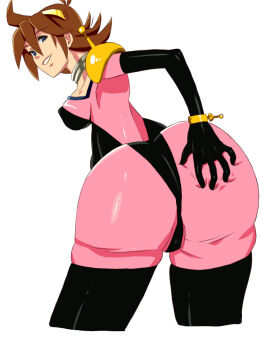 Rule 34 | 1girl, ass, ass grab, blue eyes, bodysuit, breasts, brown hair, deep skin, from behind, g gundam, grin, gundam, hairband, highres, huge ass, looking back, mecha pilot suit, mobile trace suit, rain mikamura, short hair, sideboob, smile, star-jam