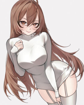 1girl absurdres between_legs black_streaks breasts brown_eyes brown_hair dress garter_straps highres hololive hololive_english long_hair looking_at_viewer nanashi_mumei smile solo thick_thighs thighhighs thighs very_long_hair vonshia white_background white_dress