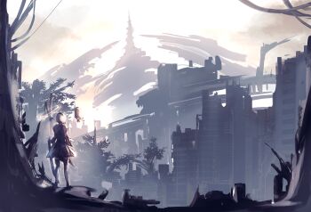 1girl 2b_(nier:automata) black_dress black_hairband black_thighhighs boots building castle commentary dress feather-trimmed_sleeves feather_trim from_behind gloves hairband highres juliet_sleeves kashia long_sleeves nier:automata nier_(series) pod_(nier:automata) puffy_sleeves ruins scenery short_hair sky skyscraper solo standing sword thighhighs thighhighs_under_boots tree virtuous_contract weapon white_hair wide_shot