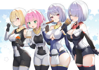 4girls :o :q :t black_bodysuit black_gloves black_leotard black_thighhighs blonde_hair blue_gloves blue_leotard blue_thighhighs bodysuit breasts bullet_knights_executioner bullet_knights_exorcist bullet_knights_lancer bullet_knights_launcher cleavage_cutout closed_mouth clothing_cutout commentary_request covered_navel cowboy_shot eating elbow_gloves food gloves green_eyes grey_bodysuit grey_hair hair_over_one_eye highres holding holding_ice_cream_cone holding_spoon ice_cream ice_cream_cone isegawa_yasutaka large_breasts leotard looking_at_viewer mecha_musume megami_device multicolored_bodysuit multicolored_gloves multiple_girls official_art one_eye_covered open_mouth pelvic_curtain pink_eyes pink_hair red_eyes sausage short_hair sleeveless sleeveless_bodysuit smile spoon strapless strapless_leotard teeth thighhighs tongue tongue_out two-tone_bodysuit two-tone_gloves upper_teeth_only white_gloves