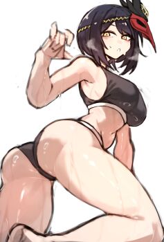 1girl absurdres armpits bare_legs bare_shoulders black_hair black_panties black_sports_bra breasts calvin_klein genshin_impact gold_trim highres kujou_sara looking_at_viewer mask midriff panties shigezie single_bare_foot sports_bra sweat sweatdrop underwear yellow_eyes
