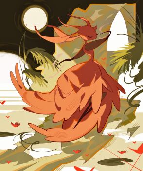 1girl absurdres ant_girl antennae arthropod_girl closed_eyes colored_skin dancing dress full_body highres hollow_knight hollow_knight:_silksong plant primsheep red_dress red_skin skarrsinger_karmelita_(hollow_knight) solo
