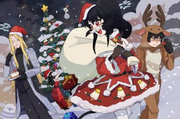 Rule 34 | 1girl, 1other, 2boys, animal costume, asahi sas brutus, au ra, black hair, black horns, black scales, black tail, blonde hair, blunt bangs, bowl cut, cake, christmas, christmas tree, coat, commission, commissioner upload, decorating christmas tree, dress, eating, final fantasy, final fantasy xiv, food, garlean, gift, glaa da, gloves, great serpent of ronka, hat, high ponytail, highres, holding, horns, hyur, izumi tol amulius, long hair, looking at another, moogle, multiple boys, ponytail, red dress, red eyes, reindeer costume, santa hat, scales, short hair, skeb commission, smile, snow, straight hair, third eye, yotsuyu goe brutus, zenos yae galvus