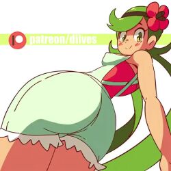 1girl 2018 animated ass ass_focus bare_shoulders black_hairband blush breasts dark-skinned_female dark_skin diives eyelashes female_focus flower from_behind green_eyes green_hair hair_flower hair_ornament hairband headband huge_ass jiggle looking_at_viewer looking_back mallow_(pokemon) nintendo patreon patreon_logo patreon_username pokemon pokemon_sm simple_background smile solo solo_focus spanked spanking spanking_self tagme thick_thighs thighs twintails video watermark web_address white_background