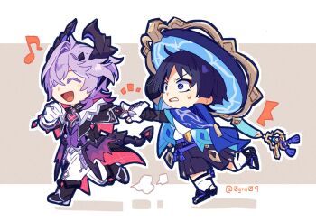 2boys ^^^ ahoge arm_up armor belt black_belt black_boots black_bow black_bridal_gauntlets black_coat black_hair black_horns black_sandals black_shirt black_shorts black_sleeves black_tail blue_cape blue_hat blunt_ends boots bow bridal_gauntlets bridal_legwear bright_pupils cape chest_jewel clenched_hand closed_eyes coat coattails collar dragon_boy dragon_horns dragon_tail dragon_wings eyeliner eyeshadow facing_to_the_side feathers frown furisode furrowed_brow gem genshin_impact gloves gold hakama hakama_shorts hands_up hat heart-shaped_gem highres holding_another's_wrist horns ishikoro1645 japanese_armor japanese_clothes jingasa kimono kote kurokote layered_sleeves leg_warmers light_blush long_sleeves looking_at_another low_wings makeup mandarin_collar mini_durin_(genshin_impact) mini_durin_(human)_(genshin_impact) multiple_boys notice_lines open_clothes open_coat open_mouth outline pants pleated_shorts pulling purple_eyes purple_hair purple_horns purple_rope purple_sash purple_vest purple_wings red_eyeliner red_eyeshadow red_gemstone rope sandals sash scaramouche_(genshin_impact) shirt short_sleeves shorts stirrup_legwear sweatdrop tail tassel tilted_headwear toeless_legwear twitter_username two-sided_horns undershirt vest wanderer_(genshin_impact) white_collar white_gloves white_kimono white_leg_warmers white_mouth white_outline white_pants white_pupils white_sleeves white_trim wide-eyed wings wispy_bangs yellow_feathers zouri