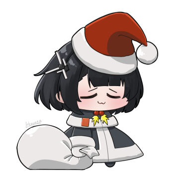 1girl :3 arknights arknights:_endfield bag black_hair capelet chibi chibi_only christmas closed_eyes closed_mouth commentary endministrator_(arknights) english_commentary female_endministrator_(arknights) full_body fur-trimmed_capelet fur-trimmed_headwear fur-trimmed_jacket fur_trim gloves grey_capelet grey_jacket grey_santa_costume hair_ornament hat highres holding holding_bag holding_sack holly irkawaza jacket long_sleeves meme padoru_(meme) red_hat sack santa_costume santa_hat short_hair signature simple_background smile solo standing white_background white_gloves