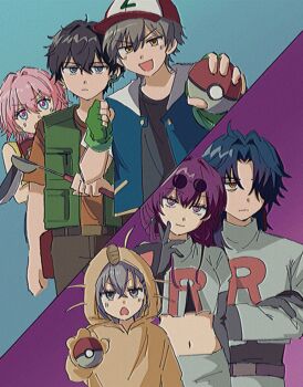 3boys 3girls ash_ketchum ash_ketchum_(cosplay) baseball_cap black_hair black_shirt blade_(honkai:_star_rail) blue_hair brock_(pokemon) brock_(pokemon)_(cosplay) caelus_(honkai:_star_rail) cosplay dan_heng_(honkai:_star_rail) eyewear_on_head fingerless_gloves gen_1_pokemon glasses gloves green_gloves green_vest grey_eyes grey_hair hat highres holding holding_ladle holding_poke_ball honkai:_star_rail honkai_(series) jacket james_(pokemon) james_(pokemon)_(cosplay) jessie_(pokemon) jessie_(pokemon)_(cosplay) kafka_(honkai:_star_rail) ladle march_7th_(honkai:_star_rail) meowth meowth_(cosplay) midriff misty_(pokemon) misty_(pokemon)_(cosplay) multiple_boys multiple_girls navel nintendo open_mouth orange_shirt pince-nez pink_hair poke_ball pokemon pokemon_(anime) pokemon_(classic_anime) purple_eyes purple_hair sa_(onksicya45) shirt short-sleeved_jacket short_sleeves silver_wolf_(honkai:_star_rail) split_screen sunglasses t-shirt team_rocket team_rocket_uniform trailblazer_(honkai:_star_rail) vest yellow_eyes