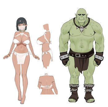 1boy 1girl barefoot black_hair blue_eyes blue_nails breasts bridal_gauntlets chinese_commentary cleavage colored_skin commentary dark-skinned_female dark_skin english_commentary fangs fingerless_gloves fishnet_bridal_gauntlets gloves green_skin highres jewelry large_breasts laycey_(sencha_bashira) loincloth medium_hair mixed-language_commentary multilingual_commentary multiple_views muscular muscular_male navel necklace open-toe_shoes orc original pointy_ears reference_sheet revealing_clothes sencha_bashira side-tie_skirt veil wav_(sencha_bashira) white_veil
