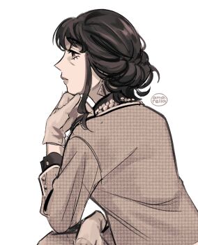 1girl amamamumu artist_name black_hair brown_eyes earrings gloves highres houndstooth jewelry looking_to_the_side melinda_desmond sidelocks simple_background solo spy_x_family white_background