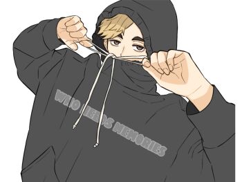 1boy arms_up blonde_hair brown_eyes commentary covered_mouth drawstring english_text haikyuu!! highres hood hood_up hoodie long_sleeves looking_at_viewer male_focus miya_atsumu ponkotmtm print_hoodie simple_background symbol-only_commentary white_background