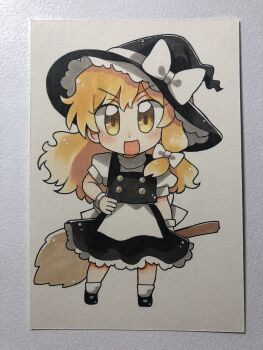 Rule 34 | 1girl, apron, bad id, bad twitter id, black hat, black shoes, black skirt, black vest, blonde hair, bow, broom, chibi, chibi only, commentary, full body, hair bow, hand on own hip, hat, hat bow, highres, holding, holding broom, kirisame marisa, long hair, maa (forsythia1729), open mouth, photo (medium), puffy short sleeves, puffy sleeves, shoes, short sleeves, skirt, smile, socks, solo, touhou, traditional media, very long hair, vest, waist apron, white apron, white bow, white socks, witch hat, yellow eyes