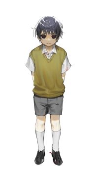1boy arms_behind_back black_eyes black_hair black_shoes blood blood_on_clothes blood_on_mouth blood_on_shoes closed_mouth collared_shirt dot_nose full_body grey_shorts highres looking_at_viewer male_focus no_pupils original shaded_face shirt shoes short_hair short_sleeves shorts simple_background smile socks solo standing sweater_vest unholymilk white_background white_shirt white_socks yellow_sweater_vest