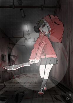 1girl :d absurdres black_hair black_skirt black_socks blood blood_on_face blood_on_shoes bloody_weapon ceiling_light commentary_request crazy crazy_smile flashlight_beam hallway highres holding holding_sword holding_weapon horror_(theme) industrial_pipe jacket looking_at_viewer machete mask mask_on_head medium_hair open_mouth original red_jacket ringed_eyes skirt smile socks solo sword tile_floor tiles toryo_(sinsei2413) walking weapon