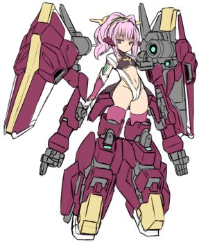 1girl anya_alstreim closed_mouth code_geass full_body gloves groin karukan_(monjya) leotard looking_at_viewer mecha_musume navel pink_hair ponytail red_eyes simple_background sketch solo white_background white_gloves white_leotard