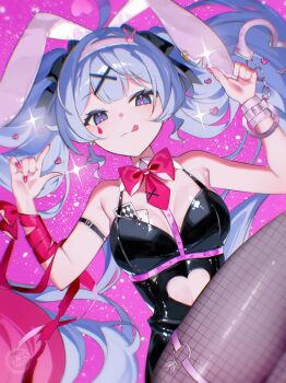1girl ahoge animal_ears aqua_eyes aqua_hair black_leotard bow breasts closed_mouth commentary_request croix_(croixtw) fake_animal_ears fishnet_pantyhose fishnets gradient_hair hatsune_miku highres leotard looking_at_viewer lying medium_breasts multicolored_hair o-ring o-ring_thigh_strap on_back pantyhose pink_bow pink_hair pink_nails pink_ribbon playboy_bunny rabbit_hole_(vocaloid) ribbon smile solo thigh_strap tongue vocaloid wrist_ribbon