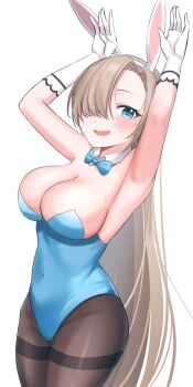 1girl animal_ears armpits arms_up asuna_(blue_archive) asuna_(bunny)_(blue_archive) asymmetrical_bangs blue_archive blue_bow blue_bowtie blue_eyes blue_leotard blush bow bowtie breasts brown_hair brown_pantyhose cleavage commentary_request detached_collar fake_animal_ears gloves hair_over_one_eye large_breasts leotard long_hair looking_at_viewer missing_halo official_alternate_costume one_eye_covered open_mouth pantyhose playboy_bunny rabbit_ears rabbit_pose ramkilog simple_background smile solo strapless strapless_leotard thighband_pantyhose white_background white_gloves