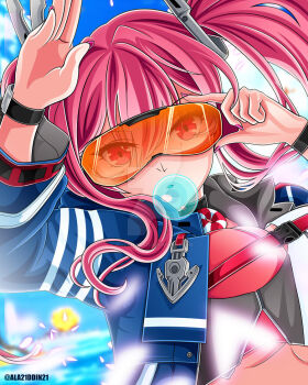1girl adjusting_eyewear aladdin_(ala21ddin21) artist_name azur_lane bikini blowing_bubbles blue_jacket blue_sky blurry blurry_background breasts bremerton_(azur_lane) commentary day deviantart_logo english_commentary goggles headgear jacket large_breasts long_sleeves looking_at_viewer orange-tinted_eyewear outdoors pink_bikini pink_hair sky solo swimsuit tinted_eyewear twintails underboob upper_body watermark