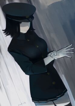 Rule 34 | 1girl, adjusting clothes, adjusting gloves, akitsu maru (kancolle), black eyes, black hair, black hat, black skirt, black thighhighs, breasts, buttons, gloves, hashtag-only commentary, hat, kantai collection, long sleeves, looking at viewer, military hat, military uniform, miniskirt, pale skin, pleated skirt, short hair, signature, skirt, sohin, solo, thighhighs, white gloves
