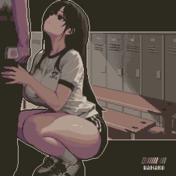 1boy 1girl artist_name bare_legs blonde_hair cellphone gym_shirt gym_shorts hair_over_shoulder highres hypnosis hypnosis_app indoors locker locker_room long_hair looking_up micro_shorts mind_control narrowed_eyes no_pupils original phone pixel_art shirt shoes short_sleeves shorts smartphone sneakers socks specialhanako sportswear squatting standing thighs white_shirt white_socks