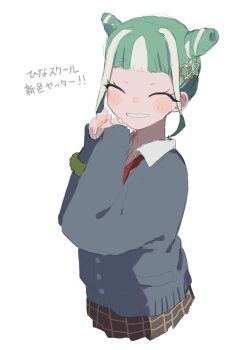 1girl ^_^ blunt_bangs brown_skirt cardigan chikuwa_(tikuwa_primagi) chimumu closed_eyes collared_shirt commentary_request cone_hair_bun double_bun facing_viewer green_hair grey_cardigan hair_bun hair_ornament hands_up long_sleeves multicolored_hair open_mouth pleated_skirt pretty_series school_uniform scrunchie shirt short_hair sidelocks simple_background skirt sleeves_past_wrists smile solo standing star_(symbol) star_hair_ornament streaked_hair waccha_primagi! white_background white_hair white_shirt wrist_scrunchie