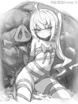 1girl ahoge arms_behind_back bare_shoulders bdsm bilibili_username bondage bound bow crossed_bangs dot_nose flat_chest greyscale hair_between_eyes half-closed_eyes highres kupa_(jesterwii) loli long_hair luciana_de_montefio monochrome naked_ribbon navel open_mouth pig ribbon ribbon_bondage side_ponytail sitting sketch sweat sweatdrop thighs tongue tongue_out triangle_mouth very_long_hair wariza zenless_zone_zero