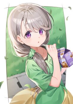 1girl absurdres blush border collarbone commentary drinking_straw falling_leaves grass green_scrunchie green_shirt grey_hair hair_over_shoulder highres holding holding_drinking_straw holding_milk_carton leaf long_hair looking_at_viewer low_ponytail milk_carton milk_tea minato0683 mono_(afro) outdoors outside_border parted_bangs ponytail purple_eyes scrunchie shikishima_sakurako shirt shorts skirt solo storm_drain swept_bangs undershirt white_border yellow_skirt
