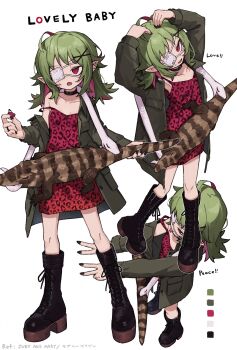1girl absurdres ahoge animal_print black_nails boots choker color_guide crocodile crocodilian double_v dress eyepatch fang flat_chest full_body green_hair highres holding holding_plectrum jacket leopard_print multiple_views open_clothes open_jacket open_mouth original platform_boots plectrum pointy_ears print_dress red_eyes single_bare_shoulder snake strap_slip v zizi_niisan