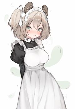 1girl animal_ears apron arms_behind_back blush bow breasts brown_hair collared_dress contrast_collar dress green_eyes highres indie_virtual_youtuber large_breasts long_sleeves looking_at_viewer maid maid_apron maid_headdress medium_hair naplings_(nimi_nightmare) nimi_nightmare one_side_up rinrihime rounded_collar simple_background smile solo tapir_ears tapir_girl virtual_youtuber white_apron white_background white_bow