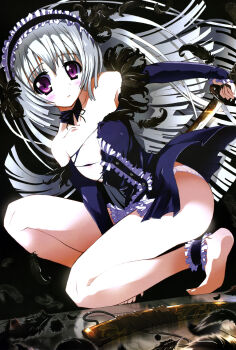 1girl absurdres ankle_garter barefoot bloom breasts feathers female_focus frills girl's_avenue hair_ornament headdress highres katana kneeling long_hair nipples on_one_knee original panties purple_eyes reflection sheath silver_hair skirt small_breasts solo sword takahashi_tetsuya torn_clothes underwear weapon wind wind_lift