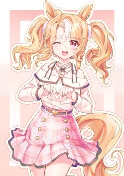1girl absurdres ahoge animal_ears blonde_hair blush breasts camellia_(camel_mal) casual fusaichi_pandora_(casual)_(umamusume) fusaichi_pandora_(umamusume) hair_between_eyes hair_ornament heart heart_belt_buckle heart_hands highres horse_ears horse_girl horse_tail jewelry long_hair long_sleeves looking_at_viewer medium_breasts multicolored_hair necklace off-shoulder_shirt off_shoulder one_eye_closed open_mouth pink_skirt red_eyes shirt skirt smile solo tail twintails umamusume white_shirt