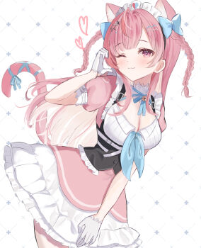 1girl ;3 ahoge animal_ears animal_print arm_up bell blue_bow blue_ribbon blush bow braid breasts cat_ears cat_girl cat_hair_ornament cat_print cat_tail cleavage closed_mouth commentary dress extra_ears gloves hair_bow hair_ornament hairclip heart heart_hands heart_print highres indie_virtual_youtuber jingle_bell large_breasts leaning_to_the_side long_hair looking_at_viewer maid maid_headdress neck_bell neck_ribbon one_eye_closed pink_dress pink_eyes pink_hair pink_tail ribbon short_sleeves smile solo star_(symbol) star_hair_ornament suspenders symbol-only_commentary tail tail_ornament tail_ribbon thighs two_side_up underbust virtual_youtuber white_background white_dress white_gloves yui_company yuuki_sakuna