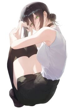 Rule 34 | 1girl, absurdres, armpit crease, bare legs, bare shoulders, black choker, black shorts, black thighhighs, blush, breasts, brown shoes, chainsaw man, choker, commentary, english commentary, from behind, green eyes, hair between eyes, hair bun, hand to head, highres, legs together, long hair between eyes, looking at viewer, medium breasts, muring864, purple hair, reze (chainsaw man), shirt, shirt tucked in, shoes, shorts, sidelocks, simple background, single hair bun, sleeveless, sleeveless shirt, smile, solo, squatting, thighhighs, thighs, white background, white shirt