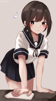 1girl black_hair black_sailor_collar black_skirt breasts brown_eyes cleaning_rag commentary_request feet_out_of_frame fubuki_(kancolle) grey_background highres kantai_collection leaning_forward low_ponytail medium_breasts miron_(mirona33) pleated_skirt ponytail sailor_collar sailor_shirt school_uniform serafuku shirt sidelocks simple_background skirt solo white_shirt