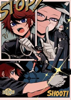 2boys ahoge aiming alternate_costume alternate_universe aotsuki_eito armband ben-day_dots black_armband black_hat black_necktie black_pants black_streaks blue_eyes chinese_commentary collared_shirt commentary cuffs english_text evarina55 finger_to_mouth glasses gloves grey_hair gun handcuffs hat highres holding holding_gun holding_handcuffs holding_weapon jacket looking_at_viewer male_focus multicolored_hair multiple_boys multiple_views necktie on_one_knee pants police police_hat police_uniform policeman purple_eyes red_hair screentones shirt short_hair shushing smirk sparkle standing streaked_hair sumino_takumi sweat sweatdrop target the_hundred_line_-last_defense_academy- weapon white_gloves white_shirt