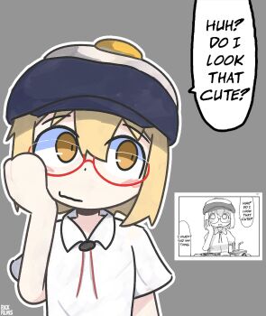 Rule 34 | 1girl, artist name, black hat, blonde hair, blush, character cutout, comic panel inset, comic panel redraw, derivative work, food, food on head, fried egg, grey background, hand on own cheek, hand on own face, hat, highres, object on head, orange eyes, red-framed eyewear, rickfilmstwo, shimeji simulation, shirt, short hair, speech bubble, white shirt, yamashita majime