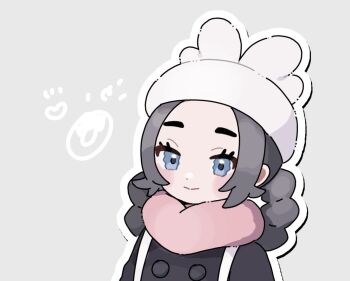 1girl ansha_(pokemon) black_coat blue_eyes closed_mouth coat eneko_(olavcnkrpucl16a) eyelashes grey_background happy hat long_hair nintendo outline pink_scarf pokemon pokemon_legends:_z-a scarf smile solo strap upper_body white_hat