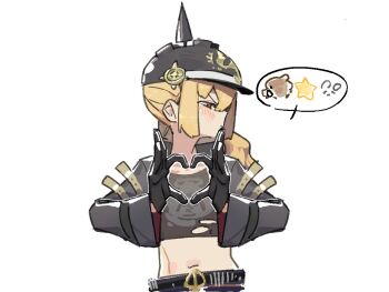 Rule 34 | 1girl, black gloves, black helmet, black jacket, black shirt, blonde hair, blush, closed mouth, combat helmet, commentary, crop top, cropped jacket, four-finger heart hands, gloves, hair between eyes, half-closed eyes, half gloves, heart, heart hands, helmet, jacket, long hair, luciana de montefio, midriff, navel, pickelhaube, red eyes, shirt, side ponytail, simple background, solo, torn clothes, torn shirt, untranslatable commentary, upper body, v.a. (vanilla), white background, zenless zone zero