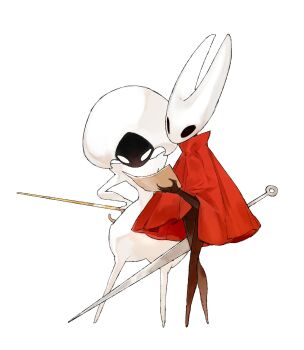 2girls arthropod_girl bent_over blank_eyes bodysuit cloak darkdog full_body hand_on_own_hip hat highres holding holding_map holding_weapon hollow_eyes hollow_knight hollow_knight:_silksong horned_mask hornet_(hollow_knight) juliet_sleeves lace_(hollow_knight) long_sleeves looking_at_another looking_at_map map mask multiple_girls needle_(hollow_knight) no_mouth pin_(hollow_knight) puffy_sleeves red_cloak simple_background standing weapon white_background white_bodysuit white_hat white_mask