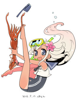1girl barefoot blonde_hair blush full_body grey_eyes hekaton kantai_collection long_hair looking_at_viewer one-piece_swimsuit one-piece_tan open_mouth ro-500_(kancolle) sailor_collar school_swimsuit smile snorkel solo squid swimsuit tan tanline