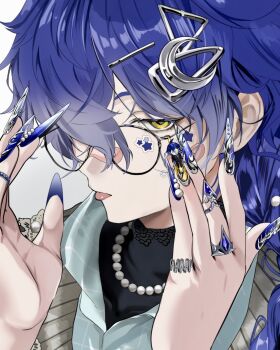 1boy adjusting_eyewear alternate_costume bandaid bandaid_on_face blue_eyes blue_nails collared_shirt commentary empty_eyes fingernails flins_(genshin_impact) genshin_impact glasses gradient_hair hair_ornament hair_over_one_eye highres jewelry layered_clothes long_fingernails looking_at_viewer male_focus multicolored_hair multiple_rings nail_polish necklace pearl_necklace ring sahi00000 shirt silver_trim solo sticker sticker_on_face symbol-only_commentary tongue tongue_out turtleneck white_background yellow_eyes
