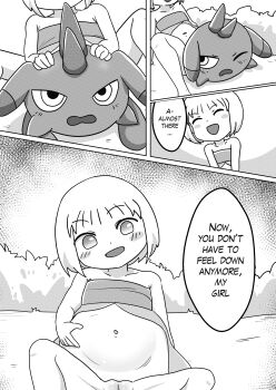 1boy 1girl absurdres cleft_of_venus comic crossover depresso english_text guu_(jungle_wa_itsumo) highres interspecies jungle_wa_itsumo_hare_nochi_guu loli monochrome multiple_views outdoors palworld pussy sequential speech_bubble tagme unbirthing vaginal vore