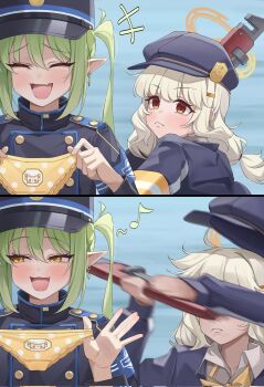 2girls aoba_(blue_archive) armband blonde_hair blue_archive bullying earrings green_hair holding holding_panties holding_underwear holding_unworn_clothes jewelry multiple_girls nozomi_(blue_archive) orange_eyes panties polka_dot polka_dot_panties print_panties smug swinging_weapon underwear wrench yellow_eyes yellow_panties