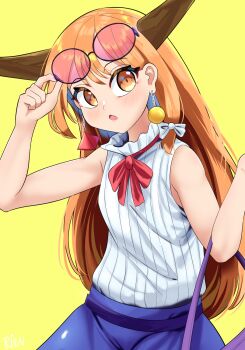 Rule 34 | 1girl, arm up, artist name, bag, bare shoulders, blush, bow, colored inner hair, earrings, eyewear on head, fang, flat chest, hair between eyes, hair bow, handbag, highres, horns, ibuki suika, jewelry, long hair, multicolored hair, neck ribbon, oni, open mouth, orange hair, parted bangs, purple bag, red-tinted eyewear, ribbon, rion (user ufvg8527), shirt, sleeveless, sleeveless shirt, solo, striped clothes, striped shirt, sunglasses, tinted eyewear, touhou, white bow, white shirt, yellow background