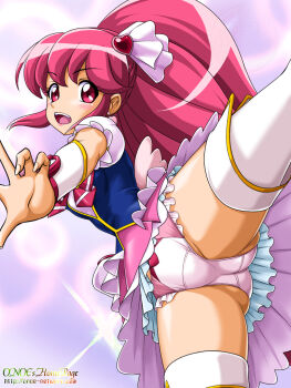 10s 1girl aino_megumi blush boots cure_lovely eyelashes female_focus hair_ornament happinesscharge_precure! heart heart_hair_ornament long_hair looking_at_viewer magical_girl onoe open_mouth panties pantyshot pink_eyes pink_hair pink_panties pink_skirt ponytail precure puffy_sleeves shirt skirt solo thigh_boots thighhighs underwear upskirt white_thighhighs wide_ponytail wrist_cuffs