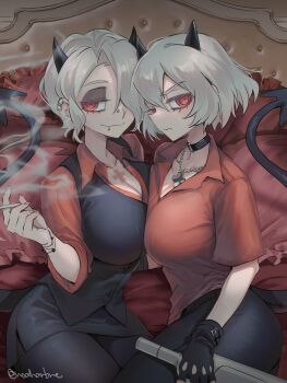 2girls absurdres black_choker black_gloves black_pants black_skirt bottle breasts choker cigarette cleavage cross cross_necklace demon_girl demon_tail ear_piercing face_piercing fingerless_gloves fingernails gloves hair_over_one_eye helltaker highres holding holding_bottle holding_cigarette jewelry large_breasts lip_piercing looking_at_viewer malina_(helltaker) multiple_girls necklace noah_(tettsui-sole) nose_piercing pants pencil_skirt piercing red_eyes red_shirt shirt short_hair sitting skirt smile smoking tail twitter_username white_hair zdrada_(helltaker)